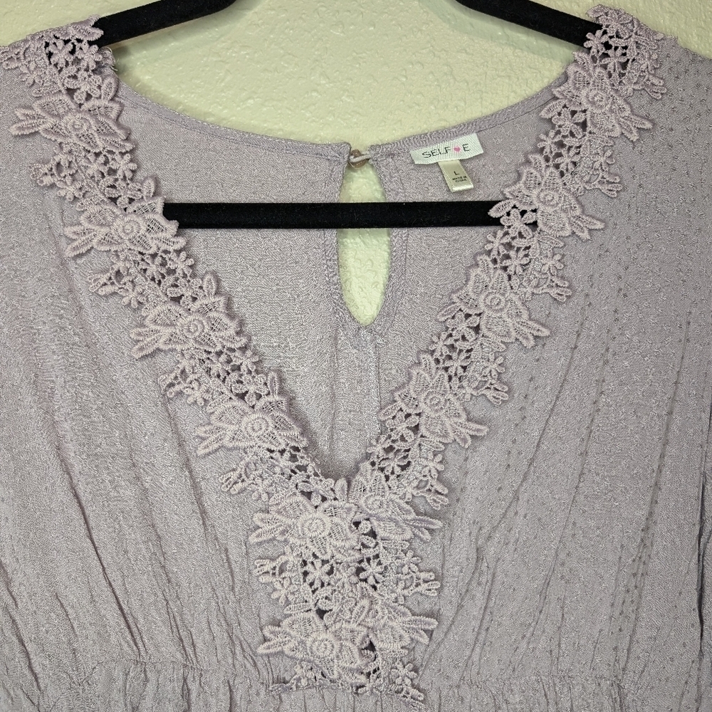 Self Esteem Long Sleeve V Neck Crop Top with Lace accent Lilac Junior Size Large - Picture 3 of 9